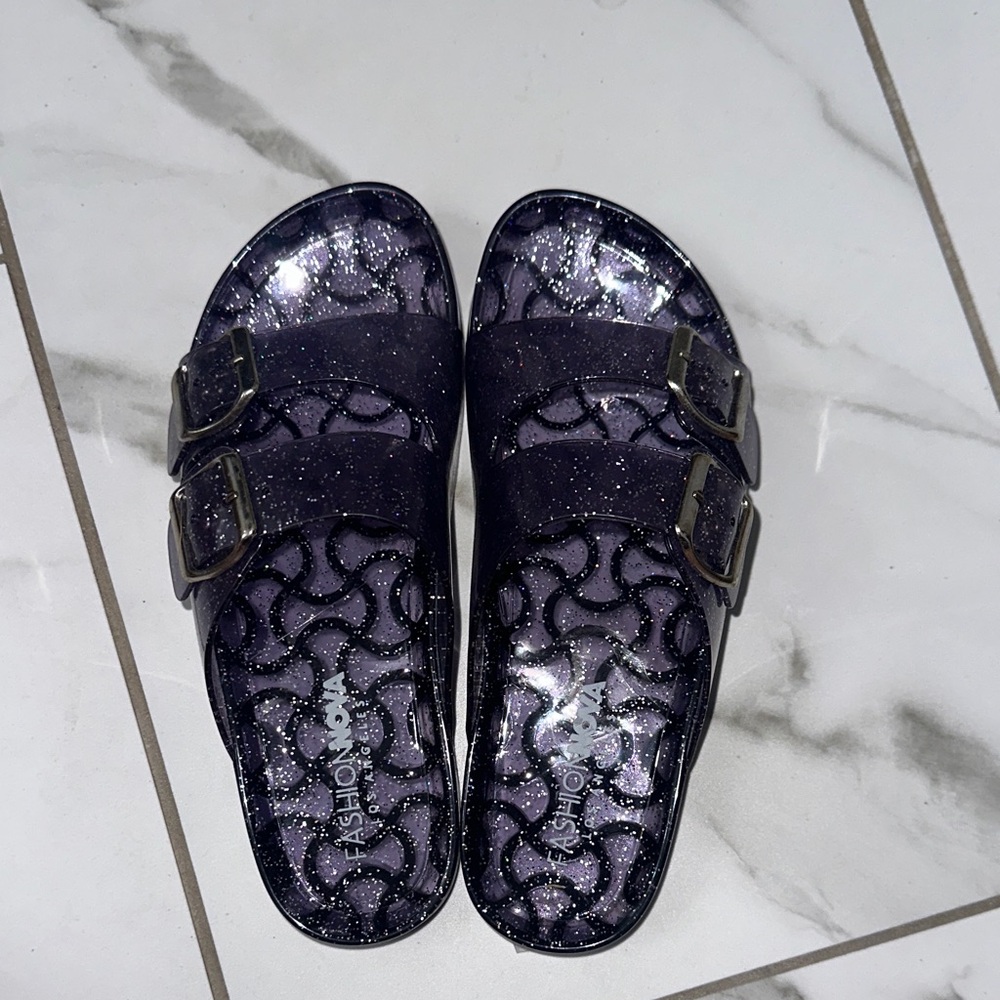 Fashion Nova Glittery Dark Purple Slide Sandals